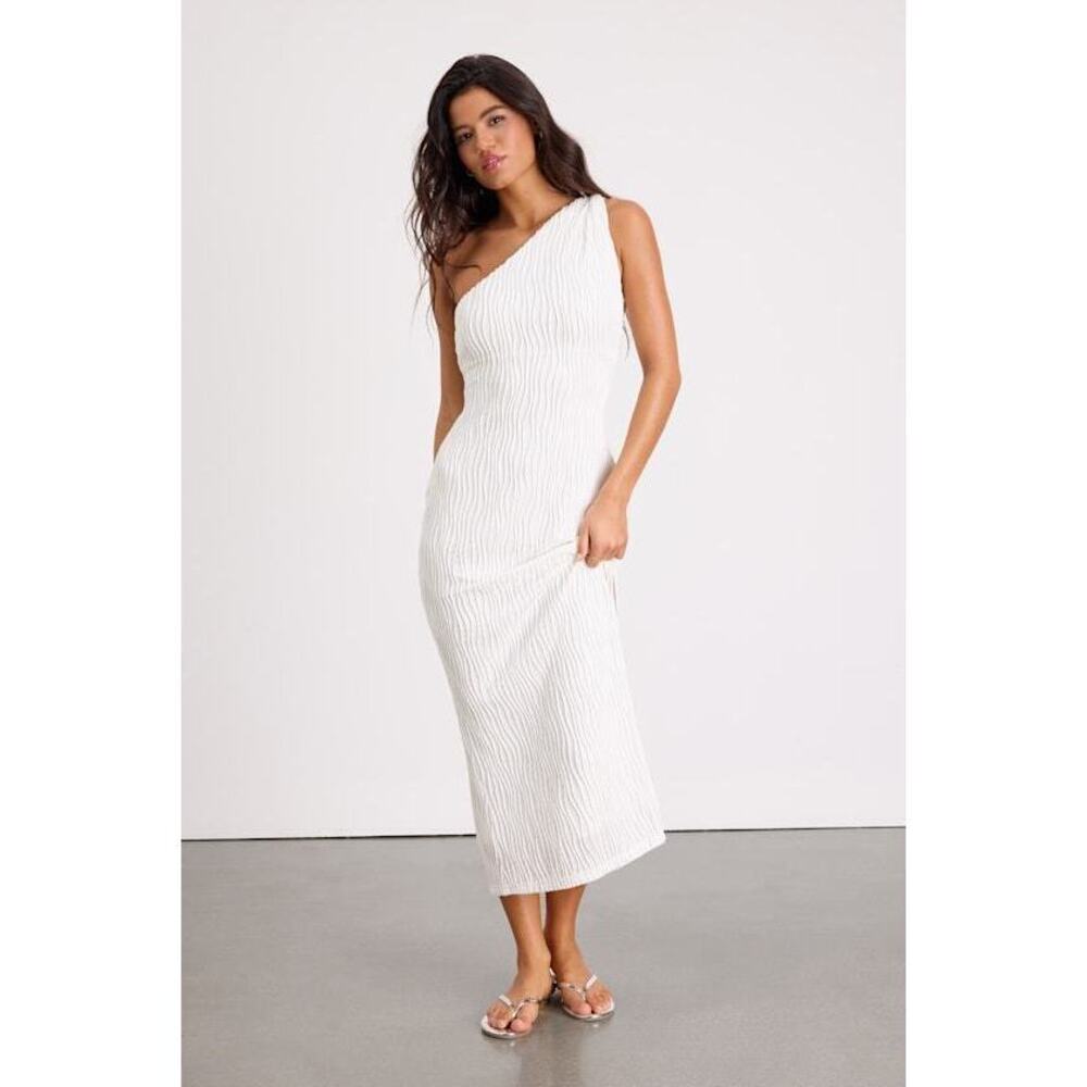 Lulus Aristea White Textured One-shoulder Midi Dress - Size S